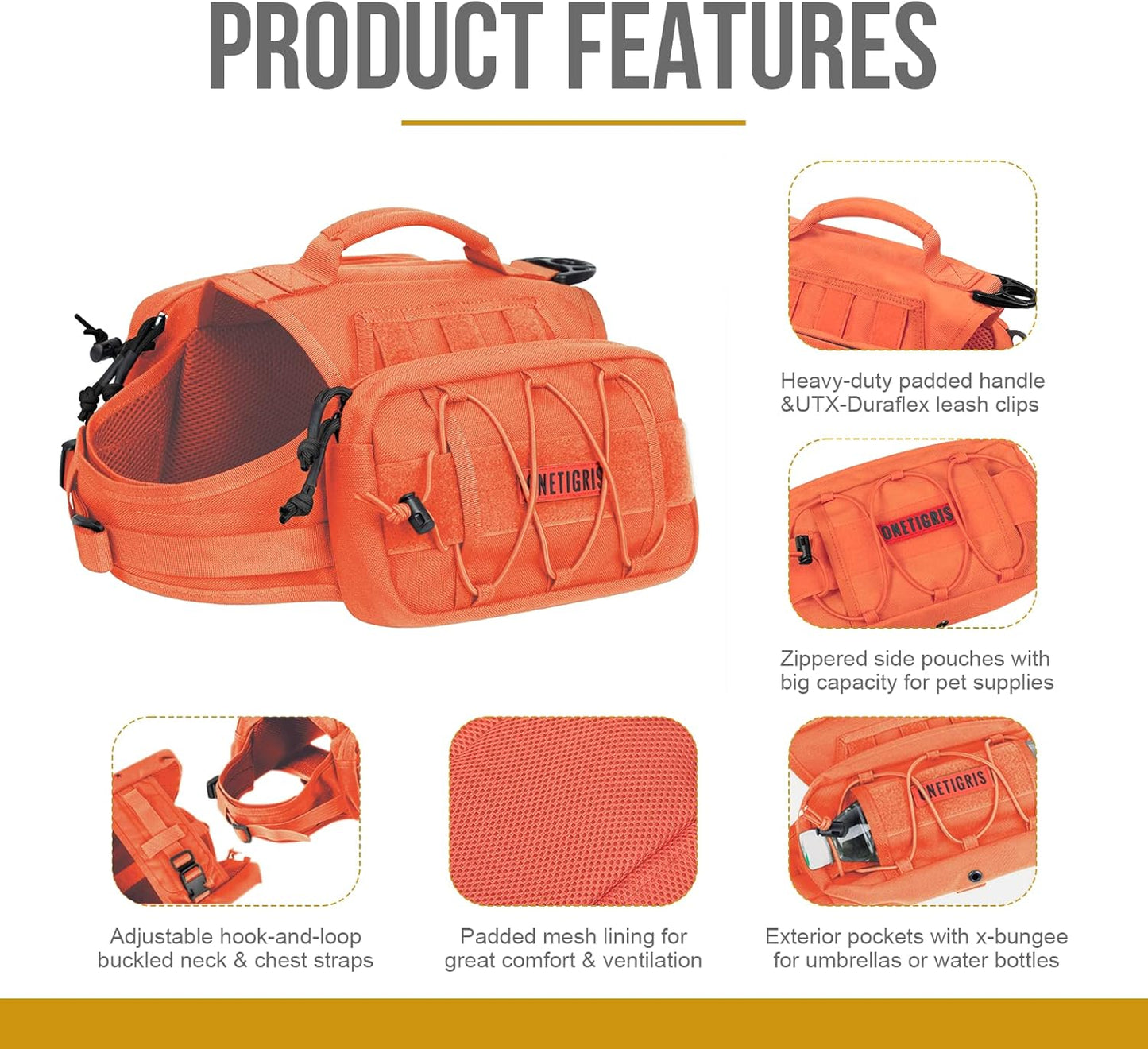 ONETIGRIS Dog Backpack for Medium & Large Dogs, Nylon Backpack for Dogs Tactical Pet Backpack with Side Pockets for Hiking Walking Training Running (Orange, Medium)