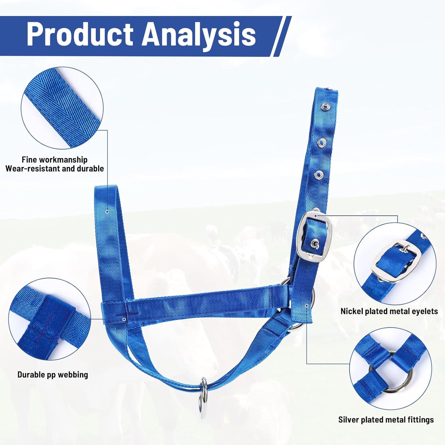 XUANNIAO Easily Adjustable Figure 8 Cow Halter, Double-Ply Premium Livestock Cattle Halters, Colorful Cow Utility Calf Halter with Leading Rope for Miniature Horse Donkey Goat Foal (Small, Blue)