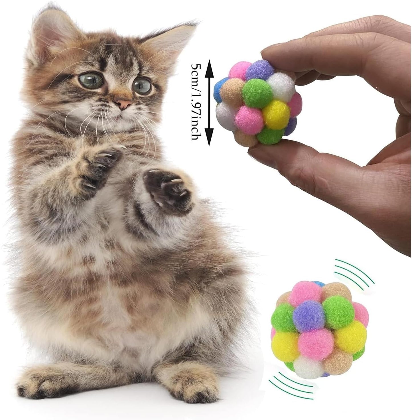 AQSXO 2 Inches Cat Toy Balls with Bell, Colorful Soft Fuzzy Balls, Cat Toys for Indoor 12 Pieces.
