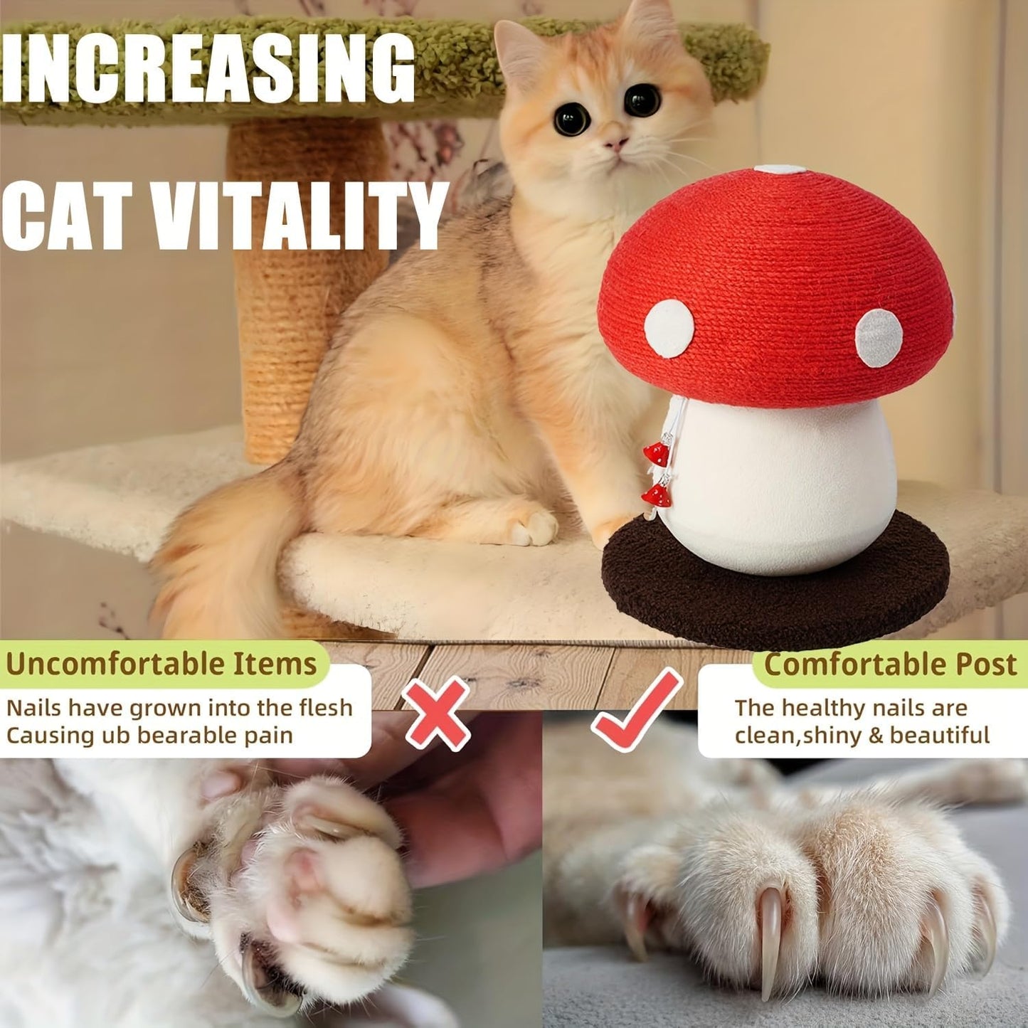 Mushroom Cat Scratcher, Cute Cat Scratching Post, Durable Sisal Rope Cat Scratching Board, Kitten Tree, Cat Toy for Cats to Play and Care for Their Claws, No Assembly Required