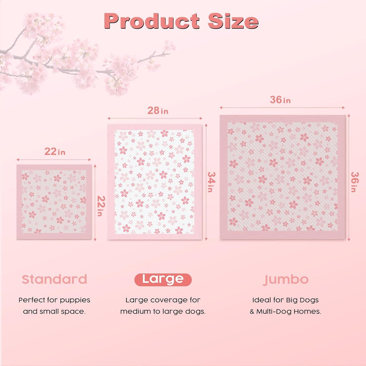 MIZOK Dog Pee Pads 28x34in Pink, Puppy Pads Extra Large Absorbent with Adhesive Tabs 6-Layer Leak-Proof Quick-Dry Design Odor Control for Potty Training, Cherry Blossom Prints (40 Counts)