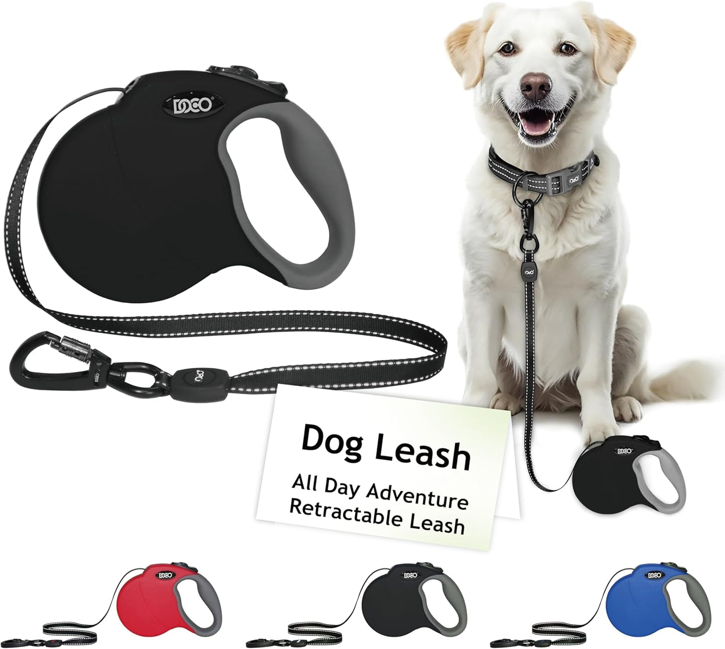 DOCO All Day Adventure Retractable Dog Leash with Stop-and-Lock Control, Reflective Tape, Anti-Slip Grip, Tangle-Free 360° Swivel Snap for Small, Medium, Large Dogs (Black/Small)