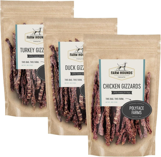 Farm Hounds - Bundle Gizzards - Premium Chicken, Duck, & Turkey Jerky for Dogs - from 100% Humanely Raised - Break-to-Size - Great for Training & Treats - No Added Fillers - Made in USA - 3 Pack