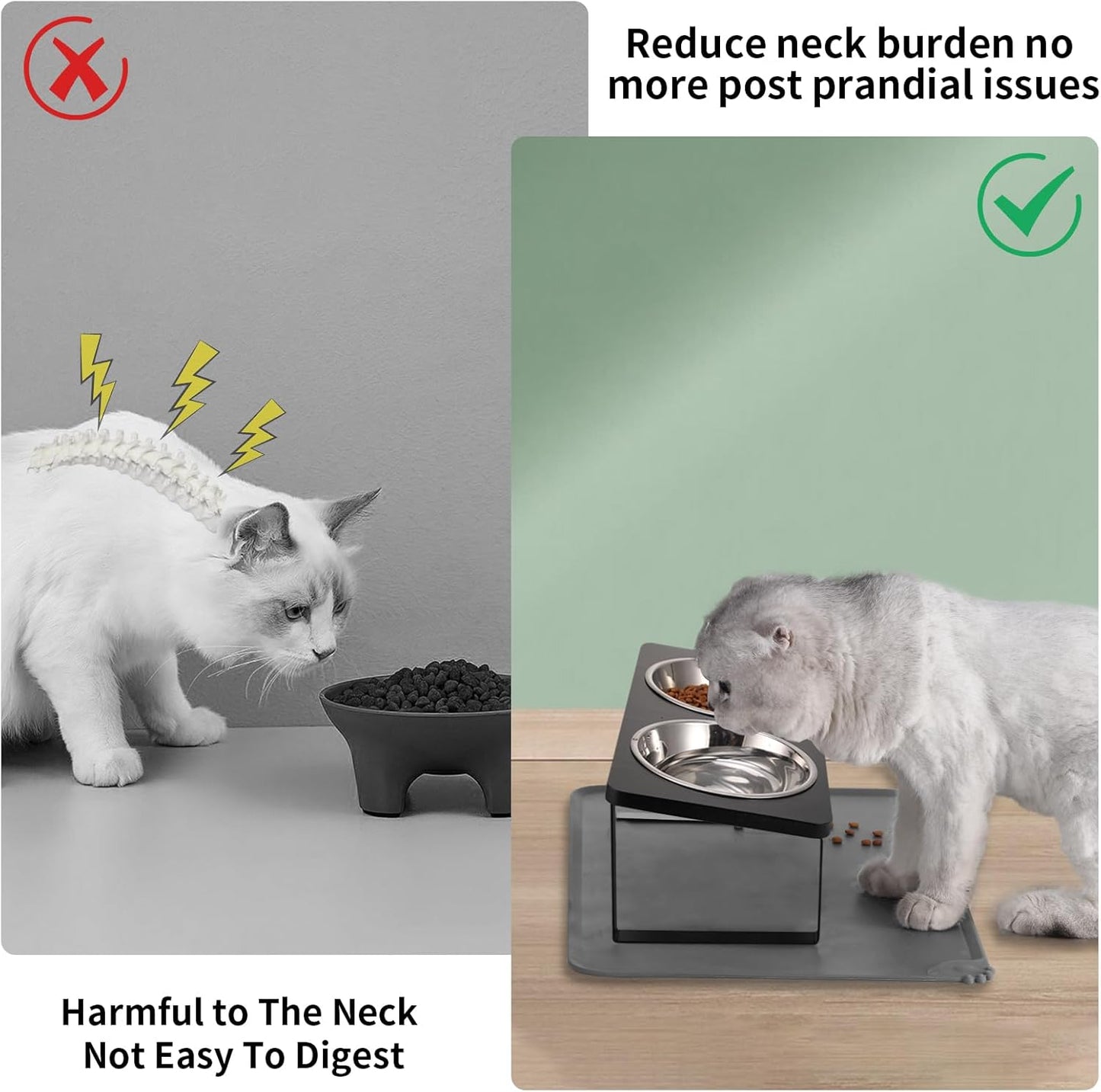 Upgraded Elevated Cat Bowls with Food Mat,15°Tilted Stand Anti Vomiting Raised Cat Dishes for Food and Water,2 Stainless Steel Bowls for Cats and Puppy（Black）