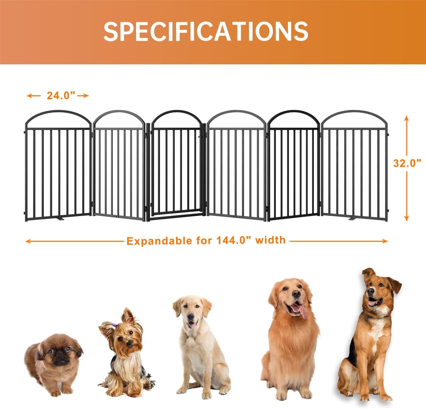 6 Panles Full Matel Freestanding Dog Gates with Door, 144"Extra Wide 32"Tall Free Standing Dog Pet Gate for Indoor & Outdoor. Foldable Pet Fences for Doorways, House, Stairs, Porch, Deck, Yard