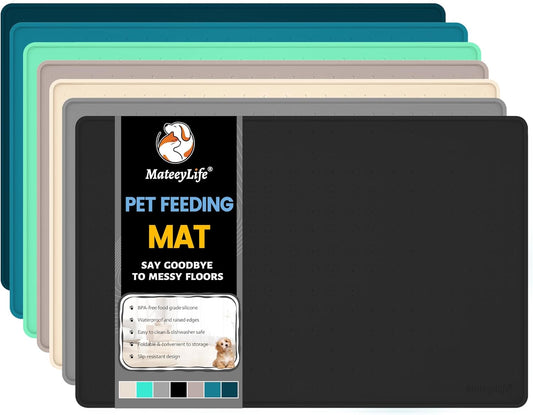 MateeyLife Dog & Cat Food Mat for Floors Waterproof, Nonslip Dog Bowl Mats for Food and Water, Dog Feeding Mats with Raised Edges, Silicone Cat & Dog Water Matt Tray for Messy Drinkers, 18"x12", Black