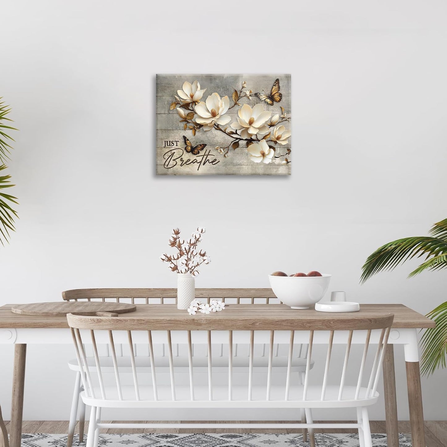 Floral Magnolia Bathroom Pictures Wall Art, Just Breathe Bathroom Wall Decor, Flower Butterfly Framed Painting Canvas Artwork for Bedroom Living Room Decorations 20"L x 16"W