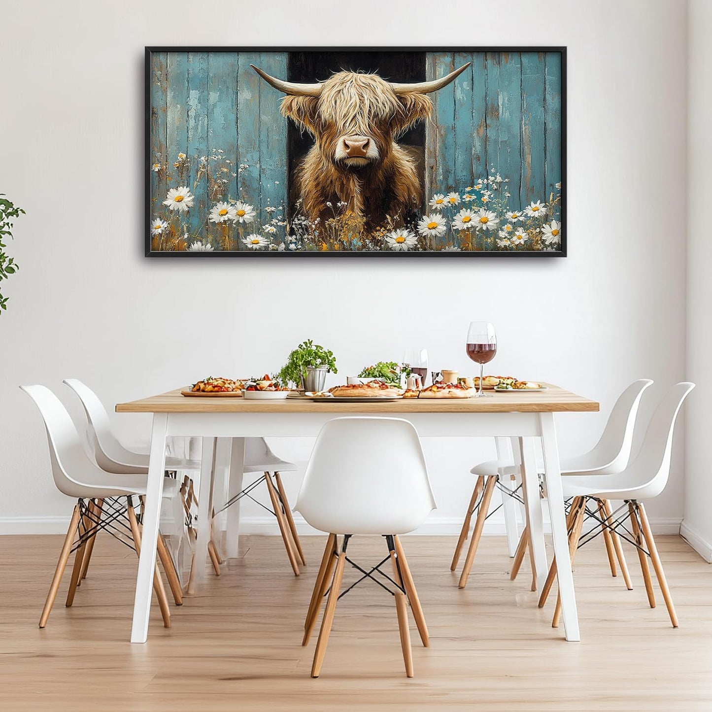 Large Farmhouse Highland Cow Country Wall Art for Living Room, Floral Canvas Oversized Wall Decor, Daisy Flower Animal Framed Pictures Painting Print Artwork for Bedroom Office 60"L x 30"W