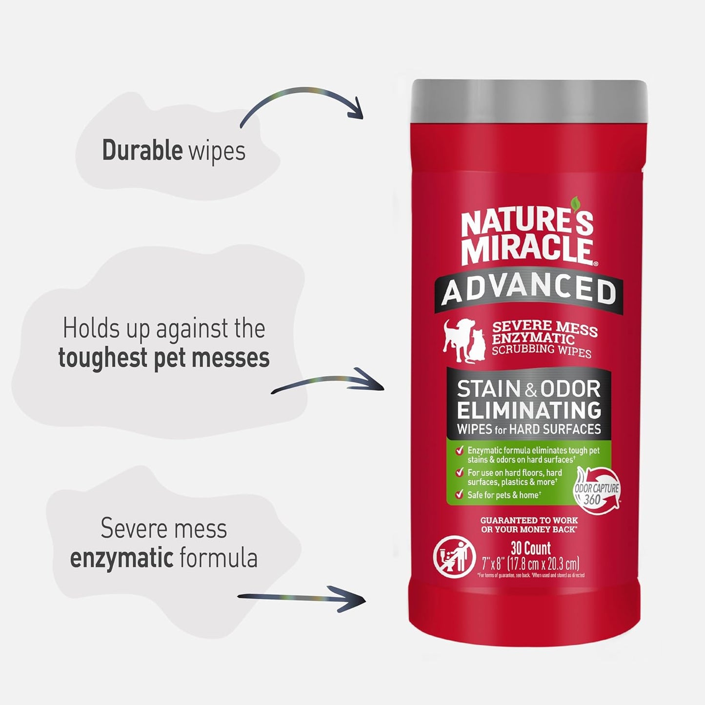 Nature’s Miracle Advanced Stain And Odor Eliminating Wipes for Hard Surfaces, 30 Count, Enzymatic Formula Eliminates Tough Pet Messes