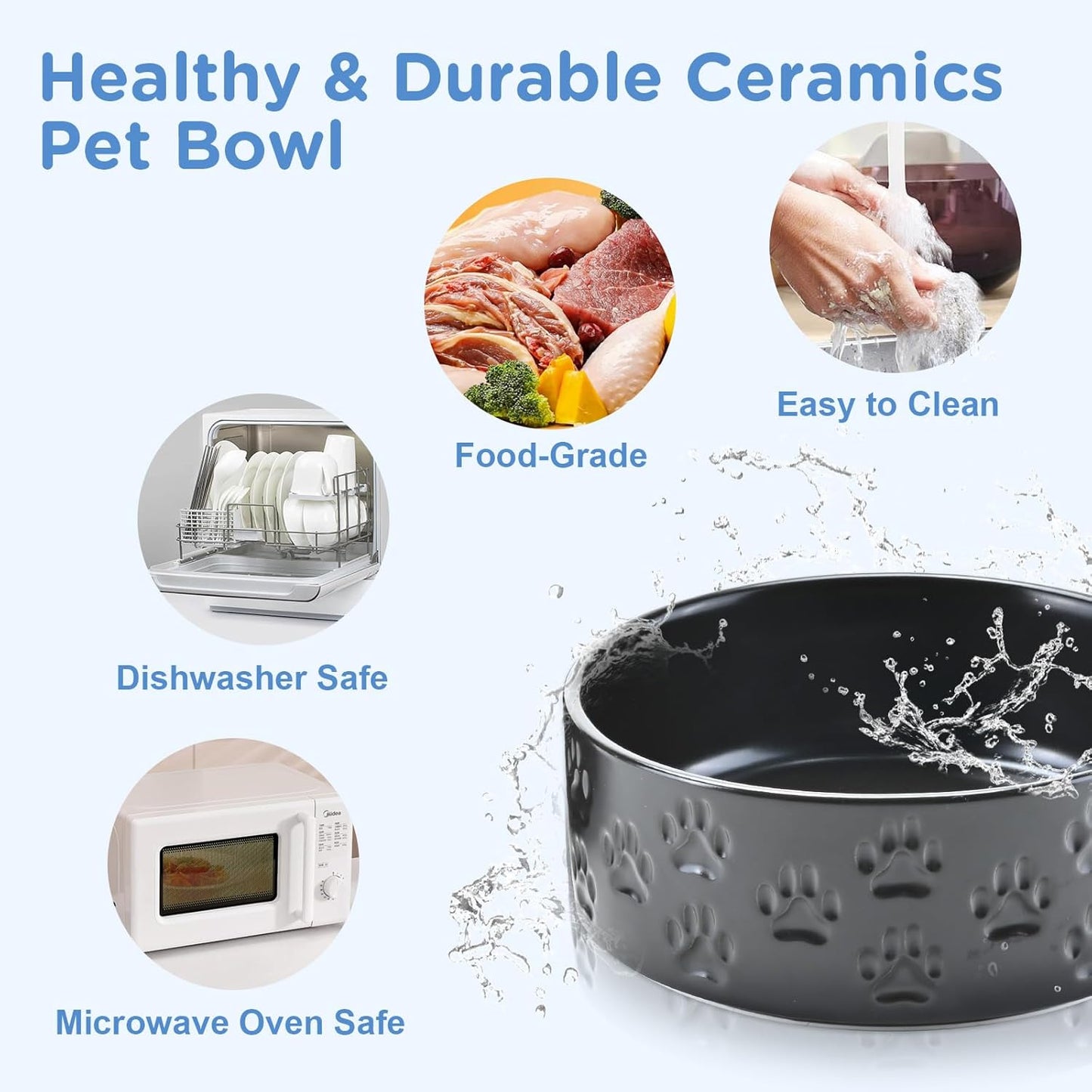 SPUNKYJUNKY Elevated Dog Bowls Ceramic, 7.3'' Dogs Food Water Bowls Raised with Non-Slip Bamboo Stand for Medium to Large Sized Breed Microwave Dishwasher Safe - 42 OZ,Paw Black