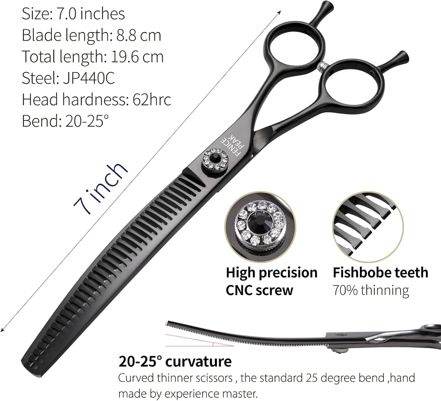 Fenice Peak Professional Dog Grooming Scissors Pet Curved Chunker Shears 7.0'' Extremely Sharp Blades 440C Steel Thinning Scissors Durable Smooth Motion & Fine Cut for Dogs and Cats(Black)