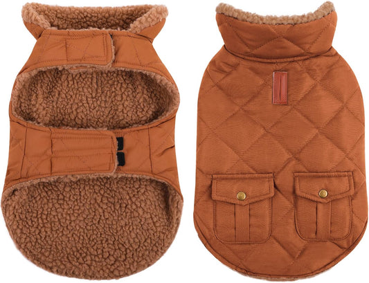 Queenmore Warm Puffer Dog Jacket, Ultra Thick Plush Lining with Storage Pockets (Brown, X-Small)