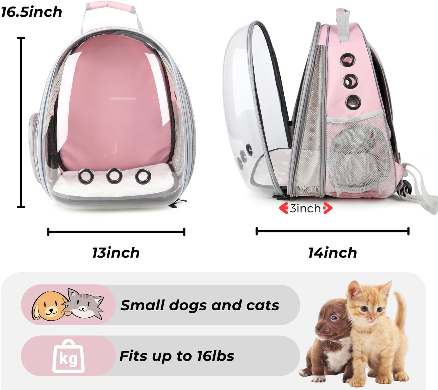 Lollimeow Cat Carrier Backpack, Bubble Expandable Backpack Carrier, Pets and Small Dogs,Airline-Approved, Designed for Travel, Hiking, Walking & Outdoor Use (Front Expandable-Pink)