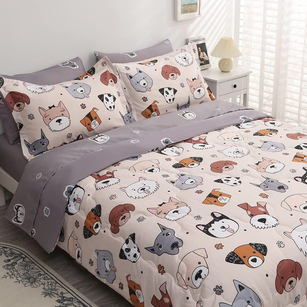 Kids Comforter Set 7 Piece Bedding Cute Dog Cartoon Animal Bed Microfiber Comforter Twin Size All Season (1 Comforter, 1 Flat Sheet, 1 Fitted Sheet, 4 Pillowcase)