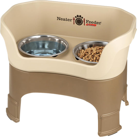 Neater Feeder Deluxe Mess Proof Dog Bowls Elevated for Large Dogs – Made in USA – No Spill Raised Dog Food Bowl Stand w/Leg Extensions – Stainless Steel Dog Food and Water Bowl Set – Cappuccino