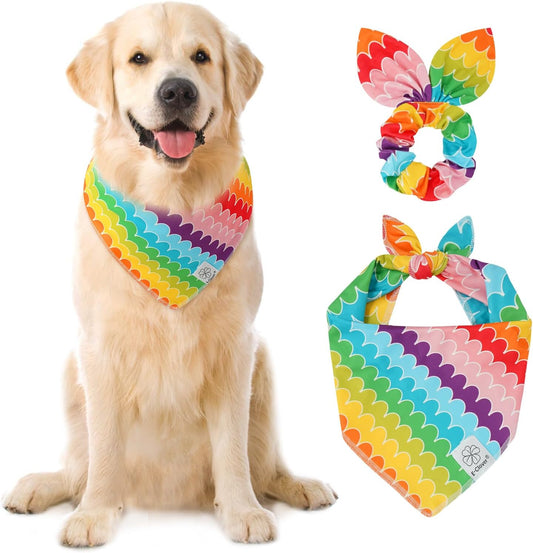 E-Clover Rainbow Dog Bandanas & Matching Scrunchie Set Girl Cute Pride Dog Scarf Bibs Pet Bandana with Bow Tie for Medium Large Dogs Owner Mom Summer