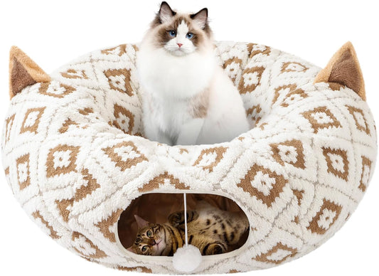 Cat Tunnel Bed for Indoor Cats, Cat Donut Tunnel with Washable Cushion, Peekaboo Cat Cave Toy, Multifunctional Playground Toys for Kittens, Rabbit, Brown Jacquard Pattern