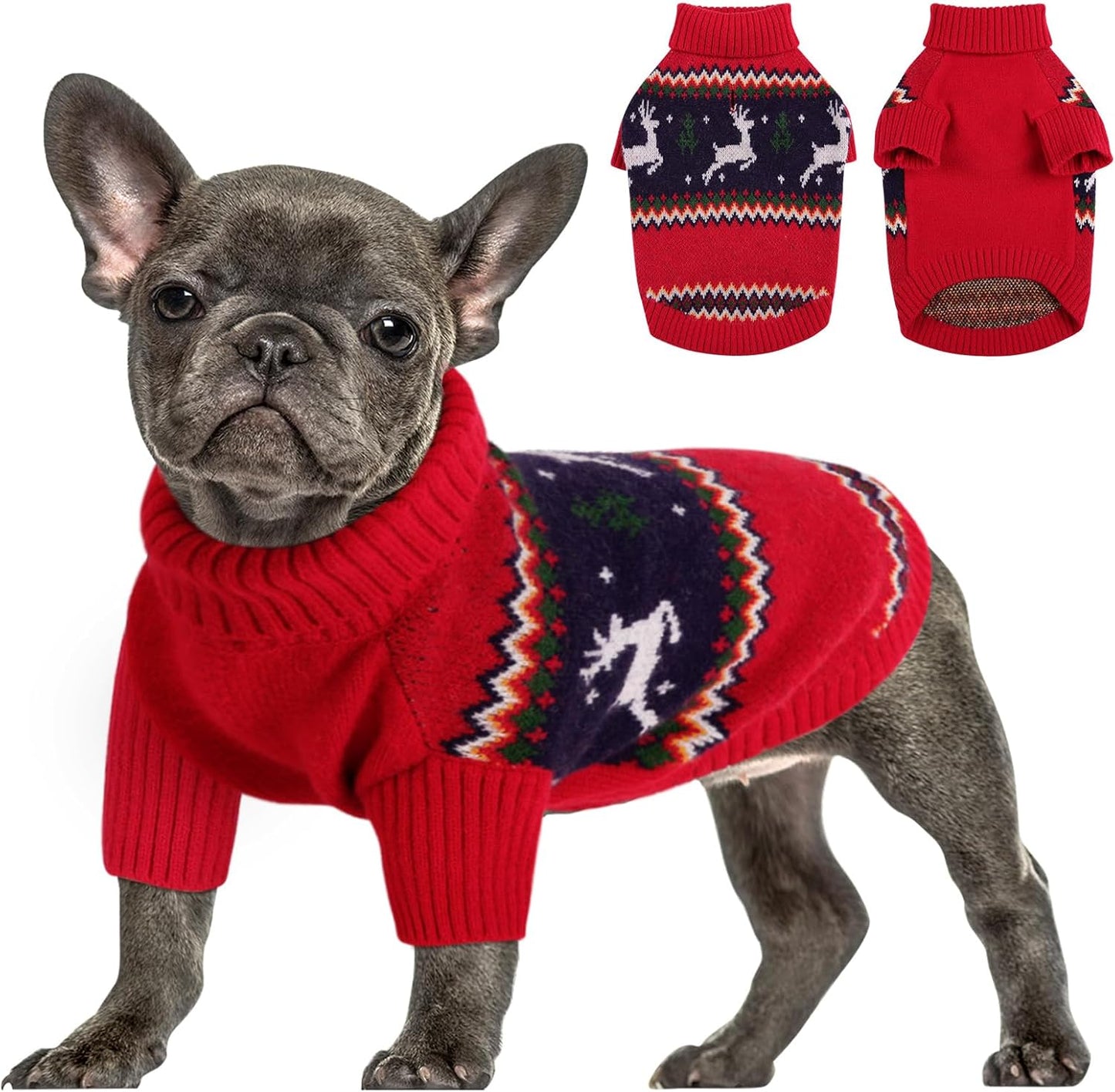 Queenmore Christmas Dog Sweater,Knitted Pullover Christmas Clothes for Dogs,Turtleneck Doggy Christmas Outfit, Warm Dog Sweaters for Small Dogs Boys or Girls L