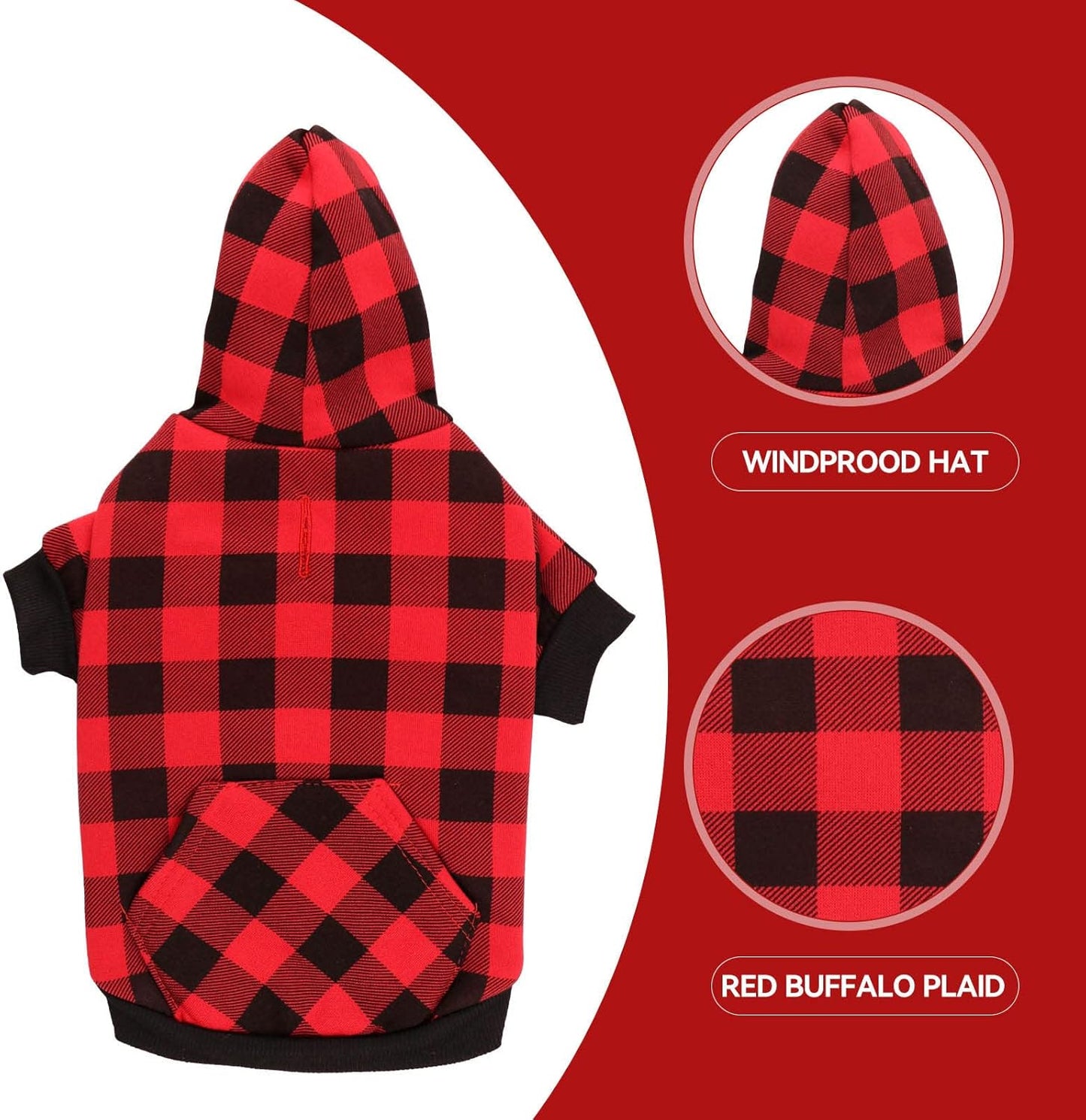 Dog Hoodie Sweater Red Buffalo Plaid Pet Clothes Warm and Soft Breathable Cozy Medium Pet Hoodie Dog Sweaters for Medium Dogs with Pocket(M)