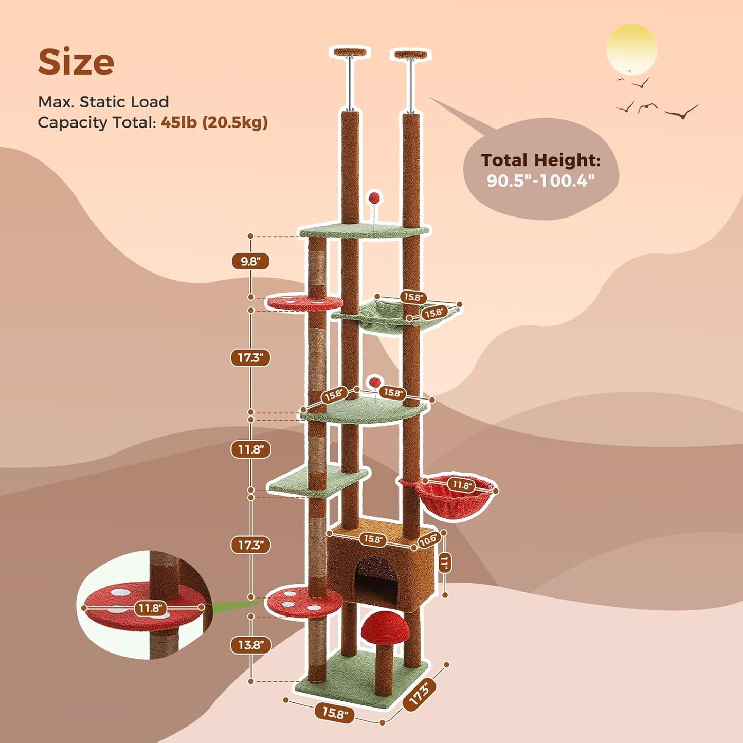 PEQULTI Mushroom Cat Tree Floor to Ceiling Cat Tower Adjustable Height (90.5''-100.4'' = 230cm-252cm) with Cat Condo, Cozy Hammock and Scratching Post, Tall Activity Tree for Indoor Cats, Brown