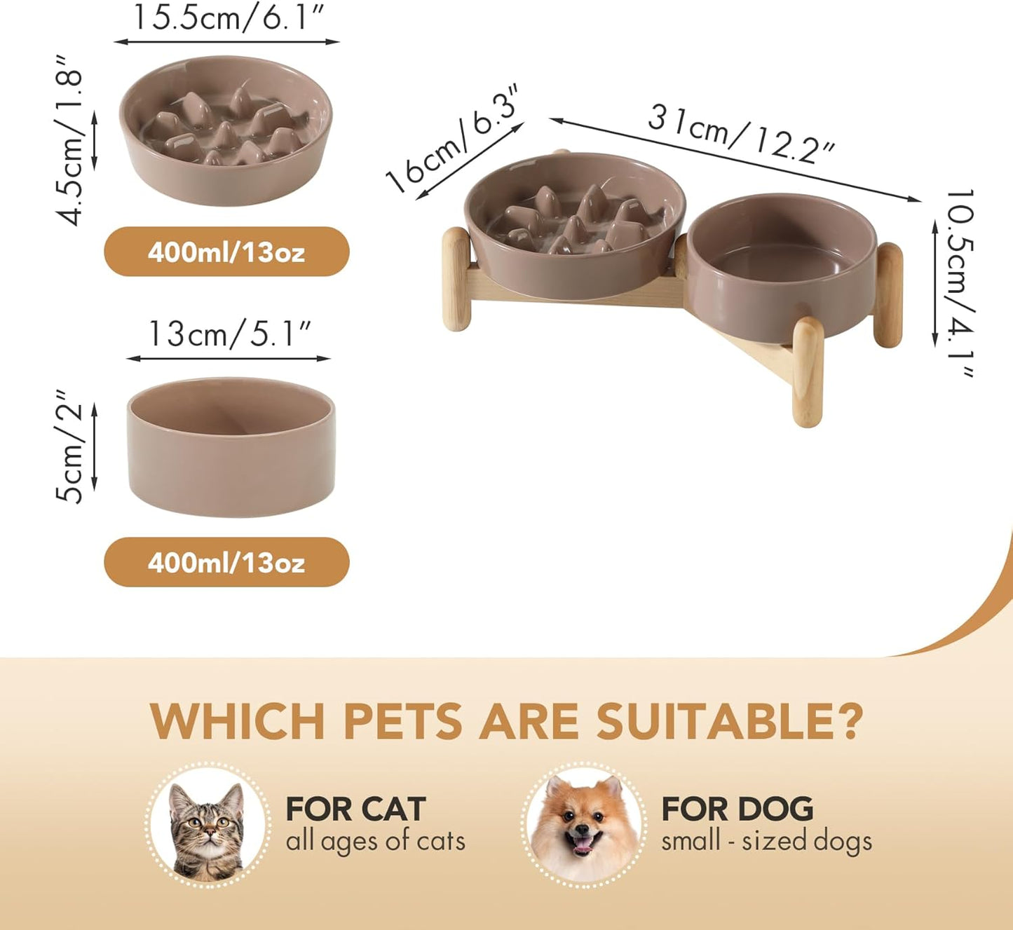 Ceramic Raised Slow Feeder Dog Bowl Set, Elevated 5.1inch Bowl and 6.1inch Slow Pet Food Dish with Wooden Stand for Small Dog and Cat (2 x Brown Coffee+ Stand)