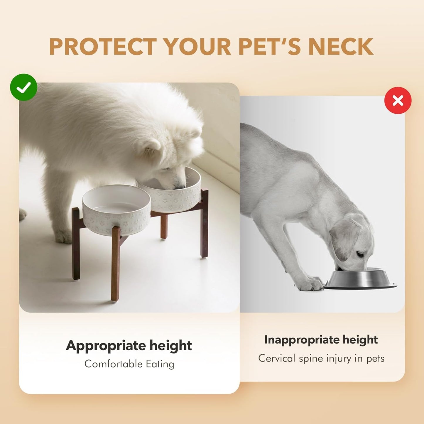 8.2inch Ceramic Raised Double Bowls Set with Acacia Wooden Stand, Food & Water Bowls for Large Breed Dogs, Weighted Dog Dishes, Pet Bowl(60OZ, Arctic White)