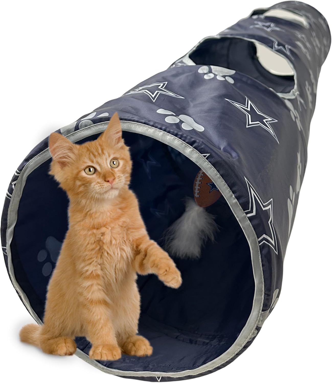 NFL Dallas Cowboys Cat Tunnel Tube Toy with Plush Football Catnip and Feathers Collapsible Tunnel for Cats to Play, Peek and Hide, Sporty & Fun Cat Tunnel Toy with Team Logo All-Over Design!