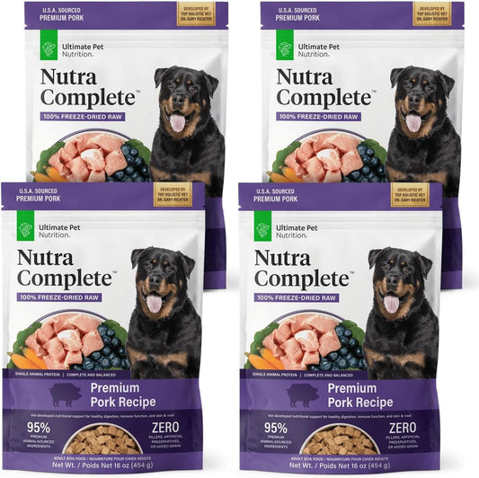 ULTIMATE PET NUTRITION Nutra Complete, 100% Freeze Dried Veterinarian Formulated Raw Dog Food with Antioxidants Prebiotics and Amino Acids, (1 Pound (Pack of 4), Pork)