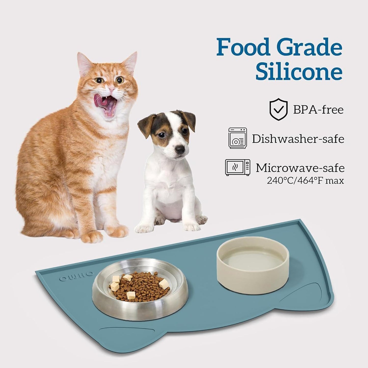 OHMO - Cat Food Mat, Silicone Pet Feeding Mat for Floor Non-Skid Waterproof Dog Water Bowl Tray, Easy to Clean Pet Placemat