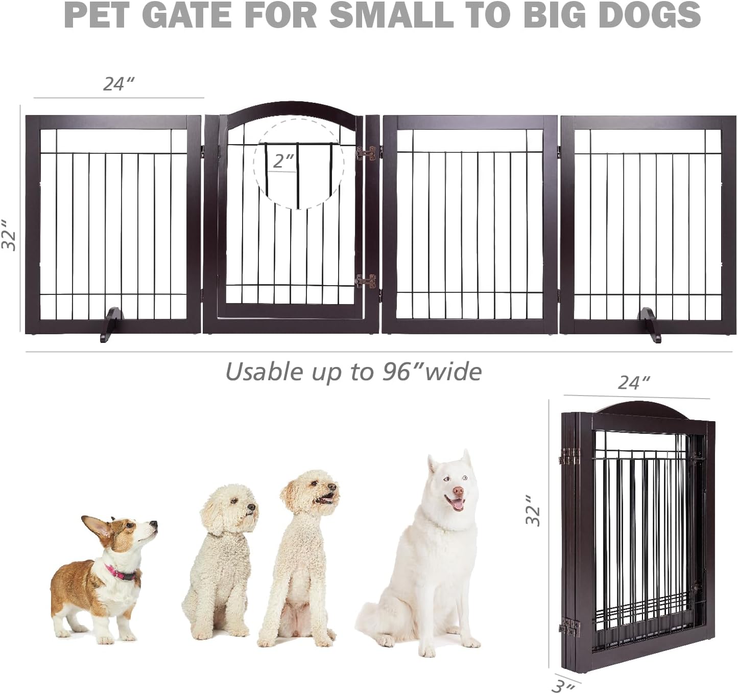 SPIRICH 96-inch Extra Wide 30-inches Tall Dog Gate with Door Walk Through, Freestanding Wire Pet Gate for The House, Doorway, Stairs, Pet Puppy Safety Fence, Support Feet Included(Espresso)