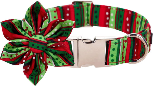 Lionet Paws Christmas Dog Collar with Flower, Dog Flower Collar with Metal Buckle for Dogs, Adjustable Comfortable Dog Collar Girl Gift, XL, Neck 16-26 in