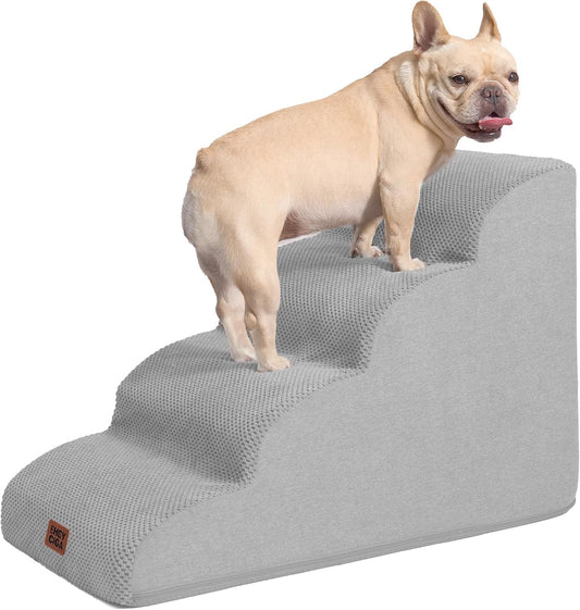 EHEYCIGA Curved Dog Stairs Ramp for High Beds 19.7" H, 4-Step Dog Steps for Small Dogs and Cats, Pet Stairs for High Bed Climbing, Non-Slip Balanced Pet Step Indoor, Light Grey