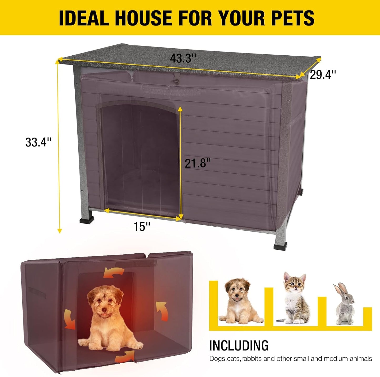 Aivituvin Dog House with Insulated Liner, Outdoor Indoor Weatherproof Dog House for Winter, Suitable for Small & Medium & Large Dogs with Unique All-Around Iron Frame(Grey)