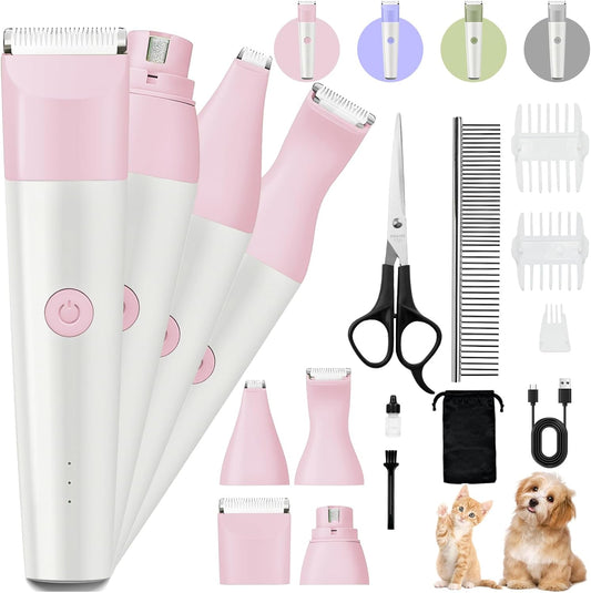 Dog Clippers Grooming Kit, 4 in 1 Quiet Cordless Dog Paw Trimmer & Nail Grinder, Small Cat Clippers Electric Rechargeable Low Noise Pet Shaver for Trimming Hair on Paw Eye Ear Face Rump (Pink)