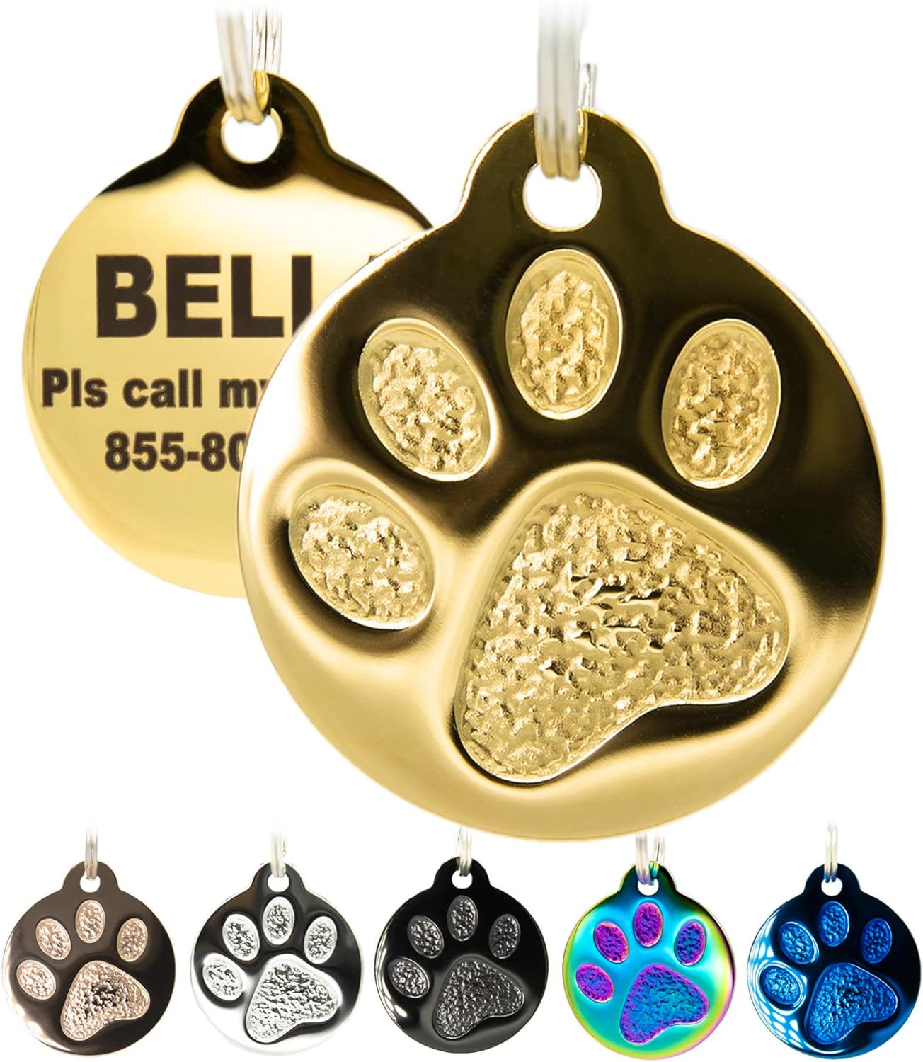 Engraved Pet Tag for Dogs and Cats - Personalized Front & Back up to 4 Lines of Text Custom Engraved ID, Round Paw Print Solid Plating Stainless Steel Gold Small