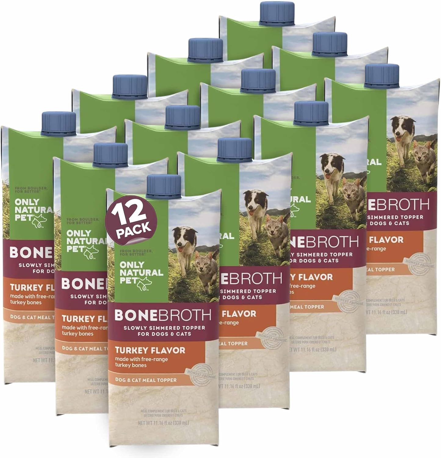 Only Natural Pet Bone Broth Turkey Flavor Dog & Cat Meal Topper, 100% Human-Grade Slow-Simmered, Free-Range for Dry Food or to Hydrate Dehydrated Food - (12-Pack / 11.16 oz Each)