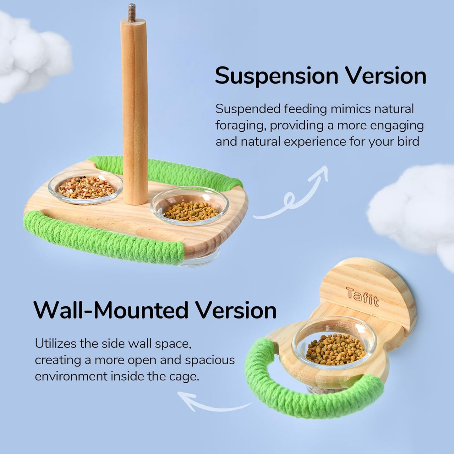 Bird Feeder & Perch – Includes Cotton Rope Perch and 2 Glass Feeding Cups – Cage Accessory for Cockatiels, Budgies, Lovebirds, Conures, Canaries, Finches, and Small Parrots