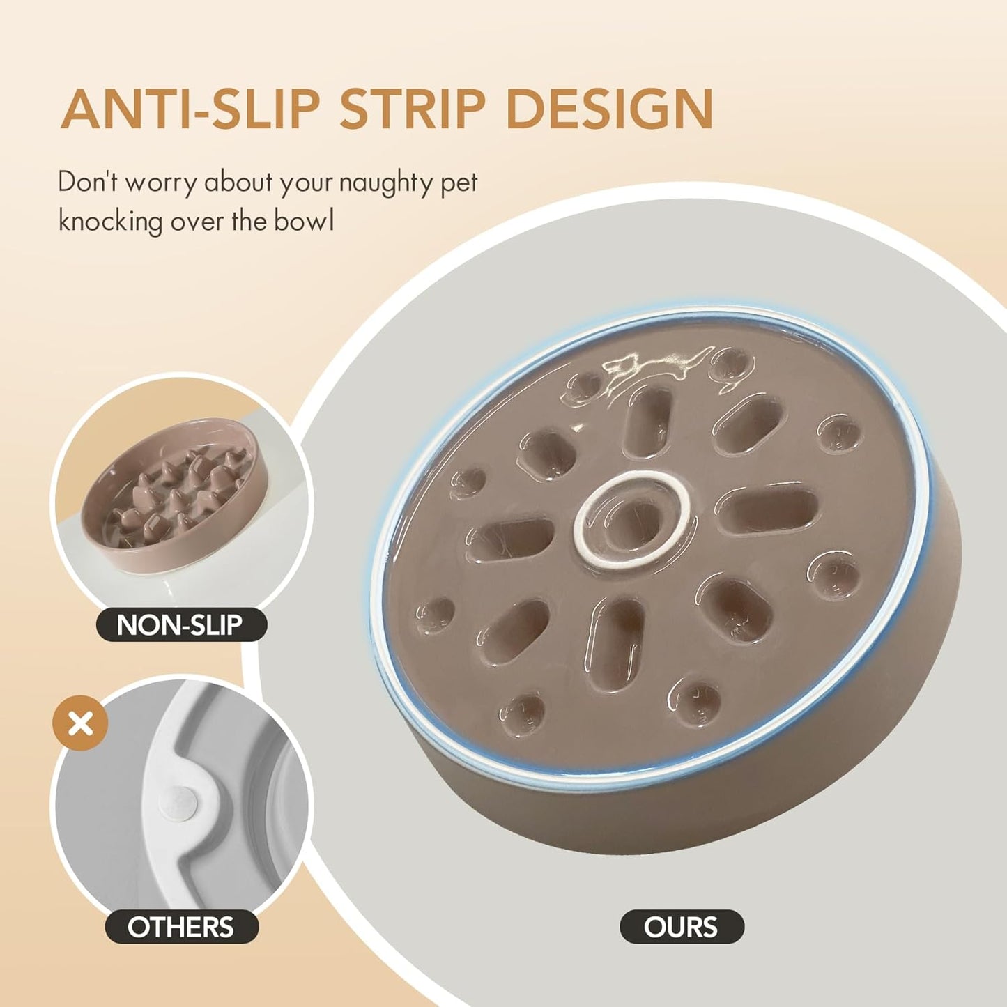 Ceramic 8.2 inch Dog Bowl Slow Feeder, Slow Pet Food Dish for Medium and Large Dog, Stop Bloat, Preventing Choking(Single Bowl, Brown Coffee)