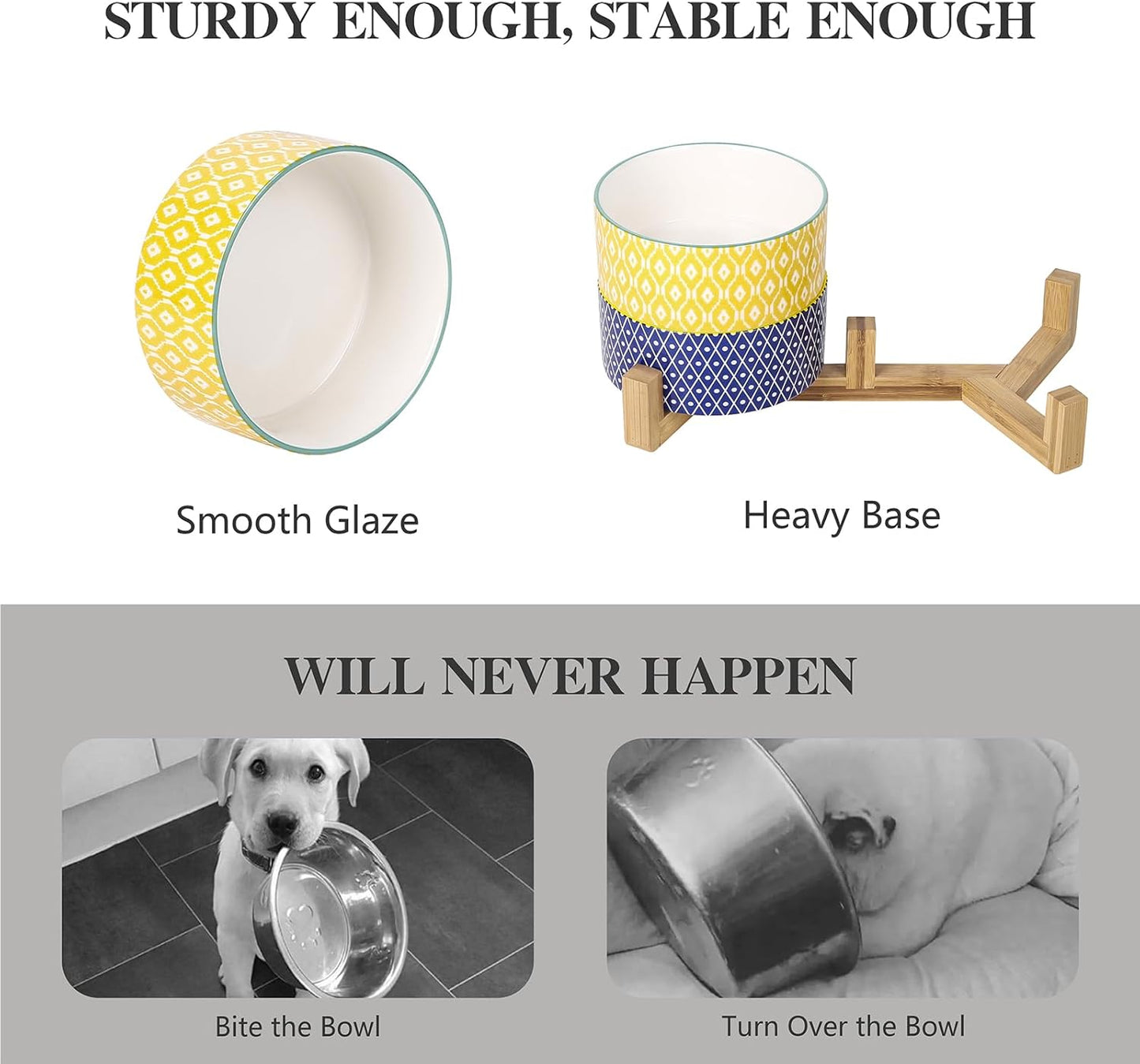 Selamica Ceramic 14 OZ Dog Bowls, Dog Food and Water Bowls with Wooden Stand, Anti-Slip Dog Dishes Set for Cats & Small Dogs, Weighted Pet Bowls Set of 2, Assorted Color A