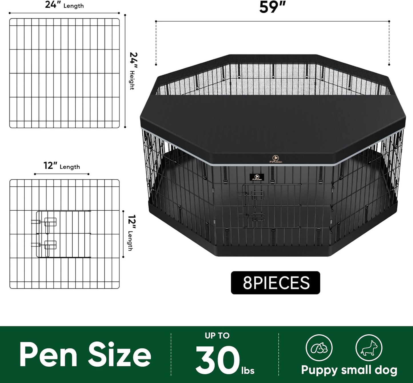 PJYuCien Dog Playpen, 8 Panels 24’’H Dog Pens Indoor with Bottom Pad and Top Cover, Metal Foldable Pet Puppy Exercise Fence Crate Kennel, Better for Small Animals,Black