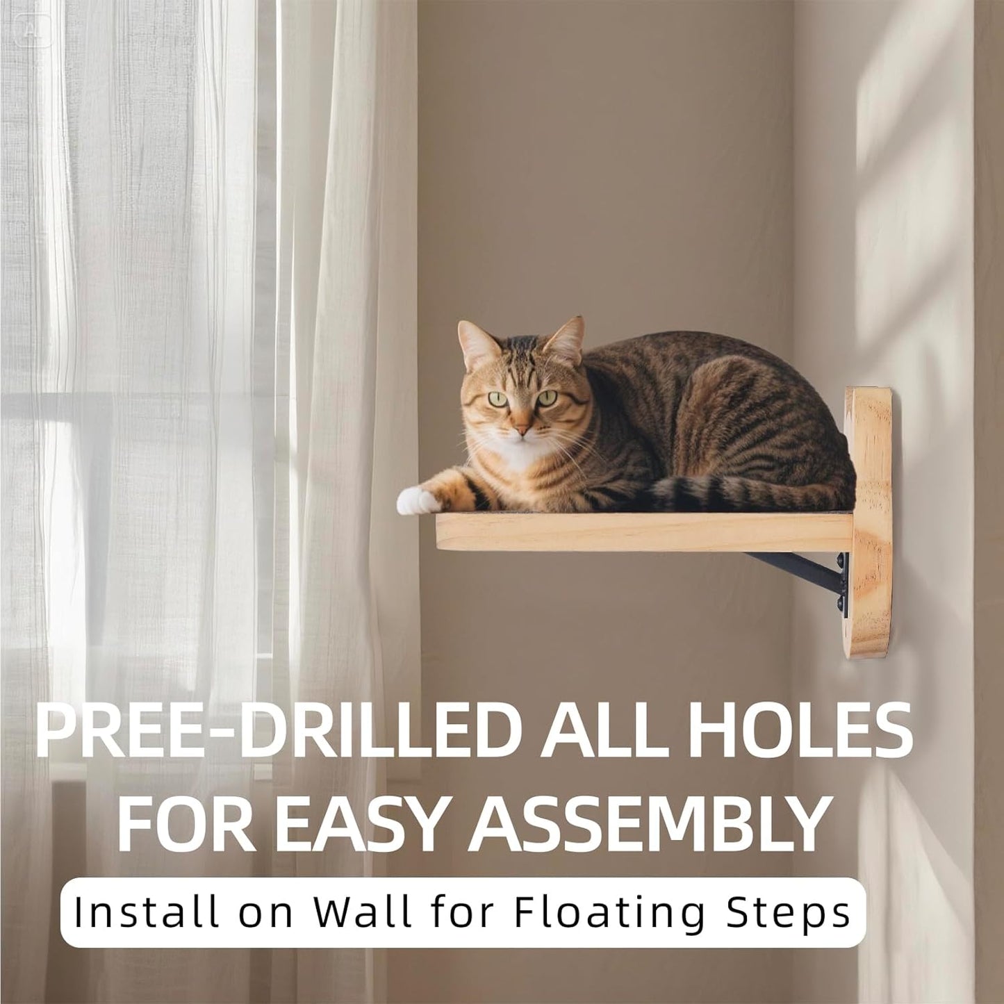 ESPETS Natural Solid Wood Cat Wall Floating Steps Set of 3 - Wall Mounted Wooden Cat Climbing Shelves and Perches, Kittty Stairs Ladder - Easy Install, Holds up 30lbs