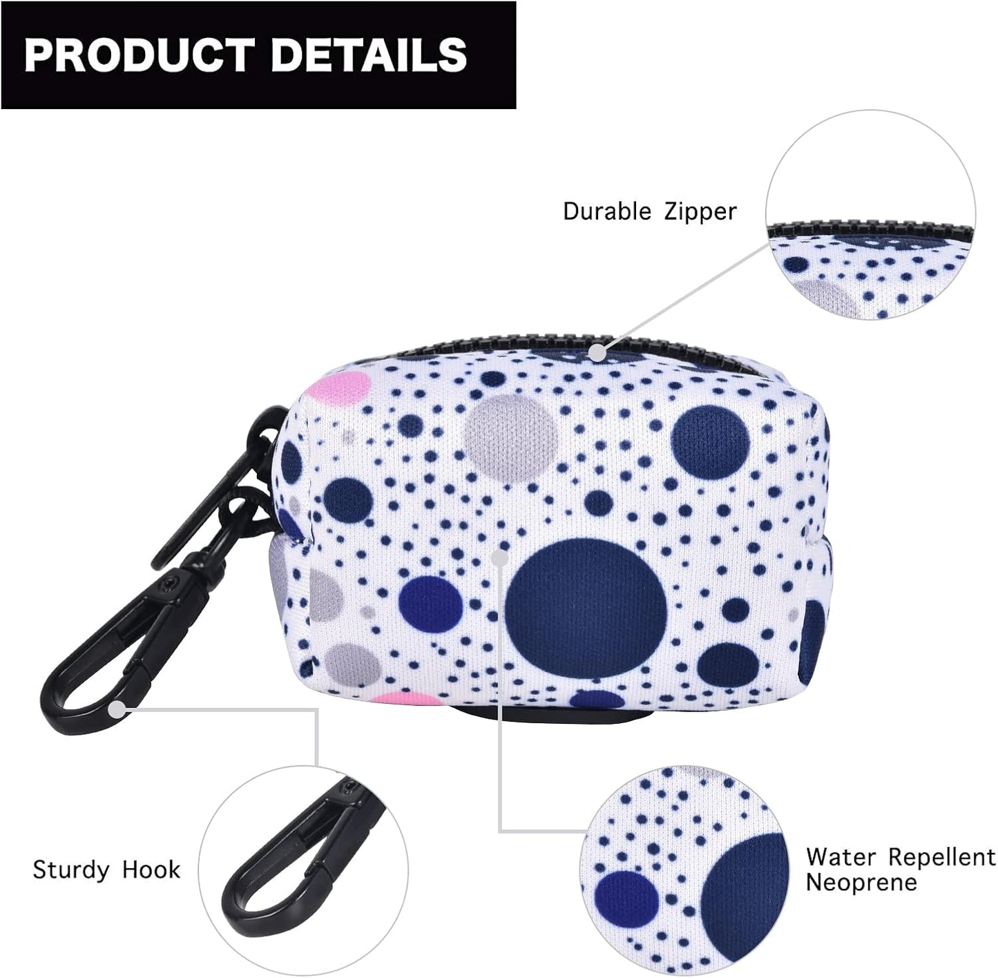 Petmolico Dog Poop Bag Holder Leash Attachment, Dog Waste Bag Dispenser Zippered Pouch, Fits Any Dog Leash, Includes Free Roll of Dog Bags, Poop Bag Dispenser - 2 Pack, Blue Dots