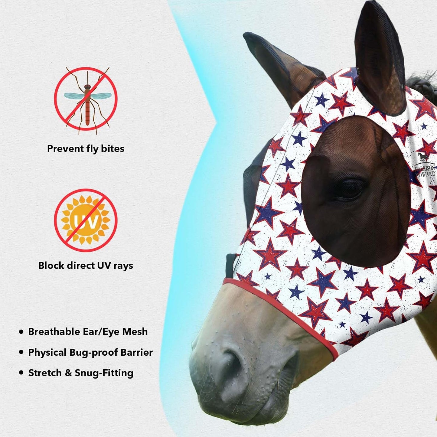 Harrison Howard Super Comfort Stretchy Fly Mask Large Eye Space with UV Protection Soft on Skin with Breathability Dream Star M Cob