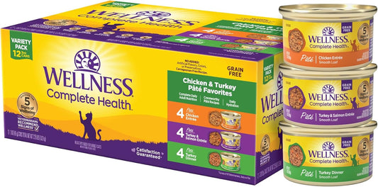Wellness Complete Health Pate Adult Wet Cat Food, Natural, Protein-Rich, Grain Free, 3 Ounce, 12 Pack, (Chicken & Turkey Favorites Variety Pack)