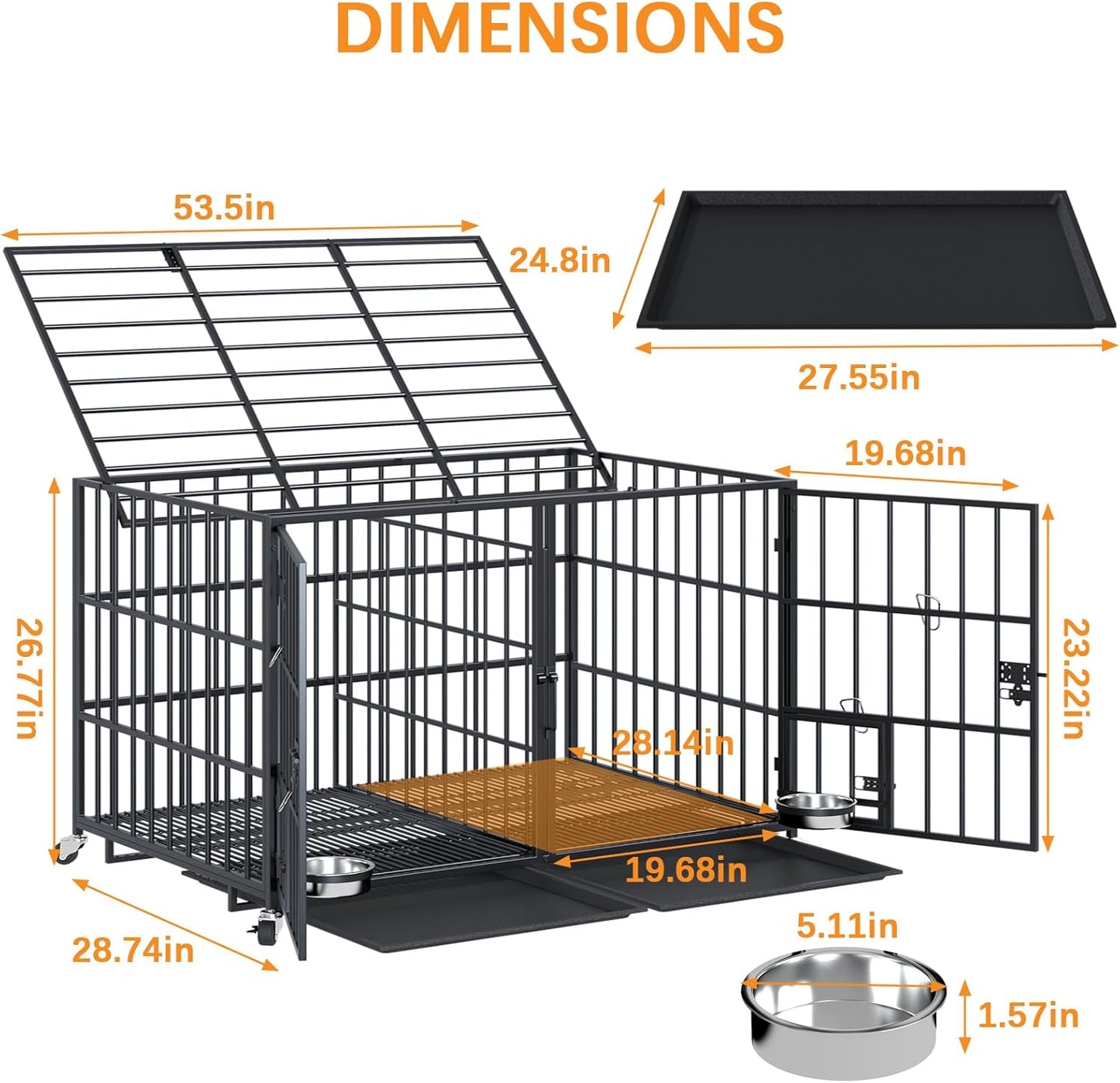 54 inch XL Dog Crate for Large Dog/Double Medium Dogs,Heavy Duty Metal Dog Cages,All Metal Open Top,Dog Kennel Indoor with Wheels,Floor Grid, Tray, Divider and Feeding Bowl