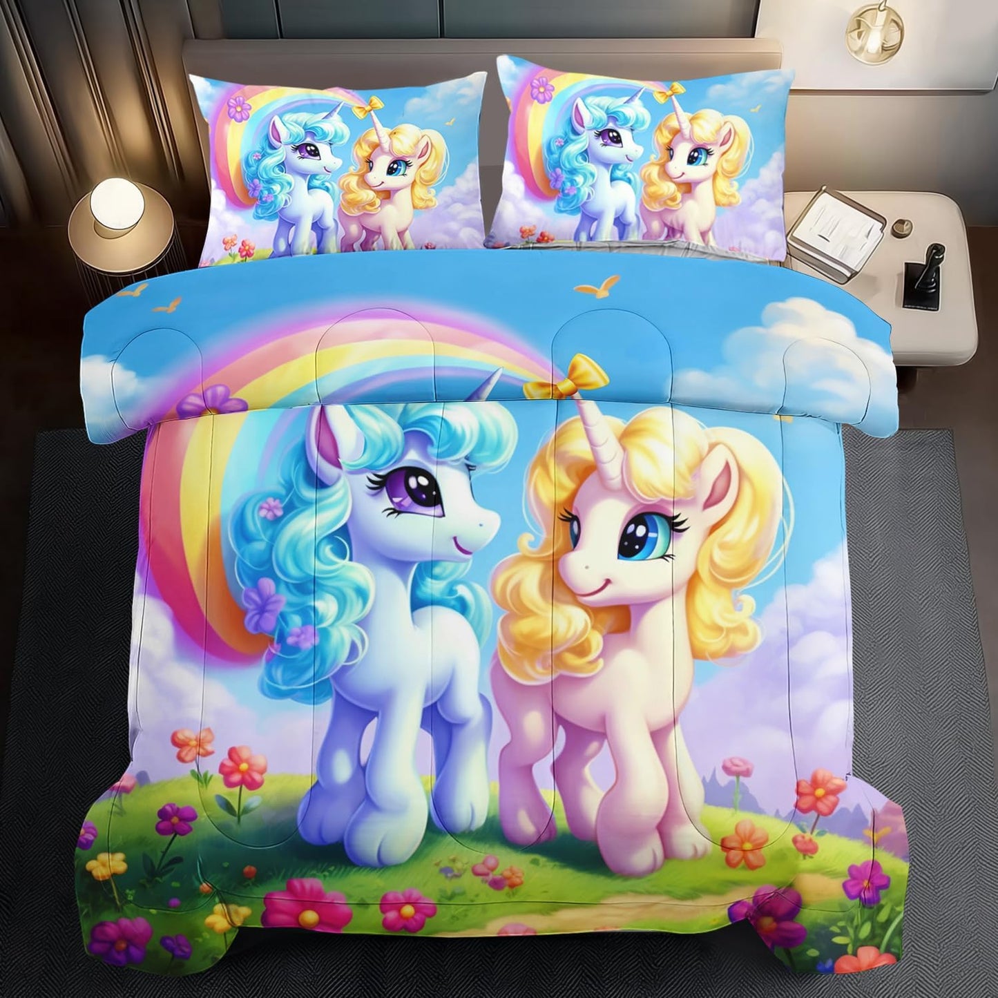Unicorn Comforter Set Twin,Kawaii Unicorn Bedding Set Twin Kids,Rainbow Comforter Blue Bedroom Decor,Cute Animal Bedding Rainbow Bed Decor for Girls,Cartoon Blue Floral Quilt