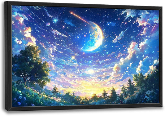 Framed Large Anime Sky Wall Art for Living Room, Oversized Fantasy Night Sky Forest Wall Decor Nature Canvas Painting Modern Artwork Home Decoration for Living Room Bedroom Office 36"x24"