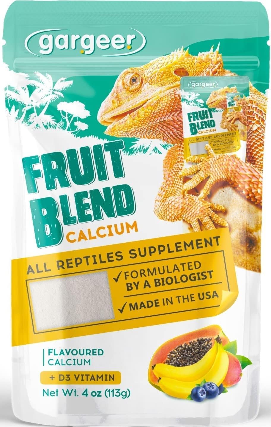 4oz All Reptile Calcium with Vitamin D3, Phosphorus-Free, Ultrafine Powder. Pure dust, Real Fruits Blend Flavored Ready to Use Supplement, for Lizards & Amphibians. Made in The USA. Enjoy !