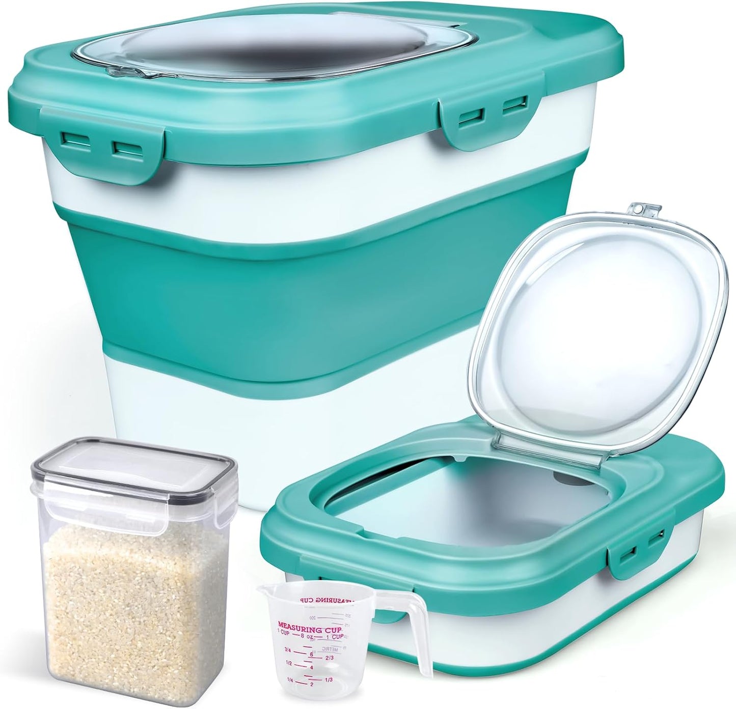 Rice Storage Container, Collapsible Airtight Food Storage Containers 6-20 Lbs, Rice Dispenser with Measuring Cup and Small Bin for Flour Cereal Pasta Grain, Cat Pet Dog Bird Food Container
