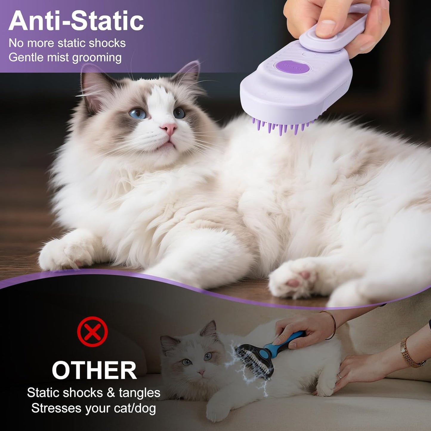 Steam Brush for Cat & Dog – 3-in-1 Spritz Pet Spray Hair Removal Comb for Grooming & Shedding Steam – Water Brush for Long & Short Haired Pets– Includes Two Bottles Waterless Shampoo